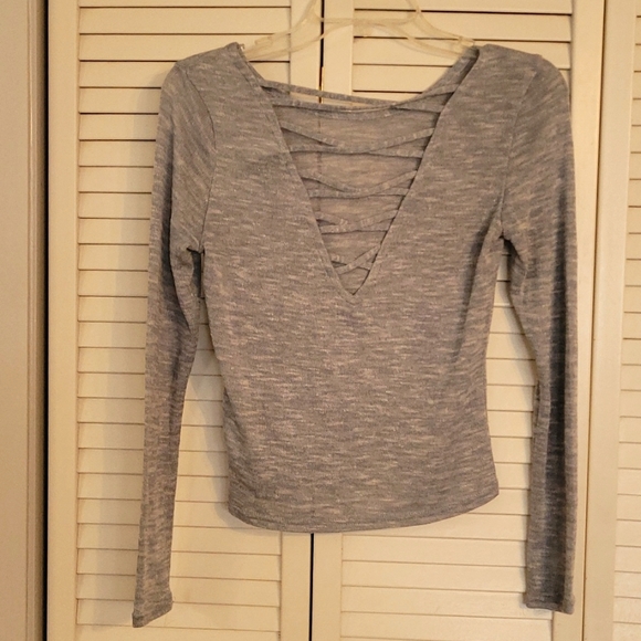 Light Blue Heathered Criss-cross Back Shirt - Long Sleeve Shirt - Picture 5 of 5